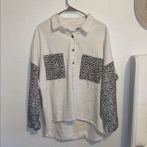 White Button-Up Jean Jacket with Leopard Print Accents